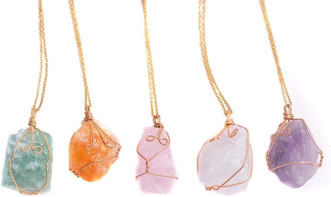 YGLINE Natural Raw Stone Healing Crystal Necklace Wire Wrapped Pendant for Womens Ladies