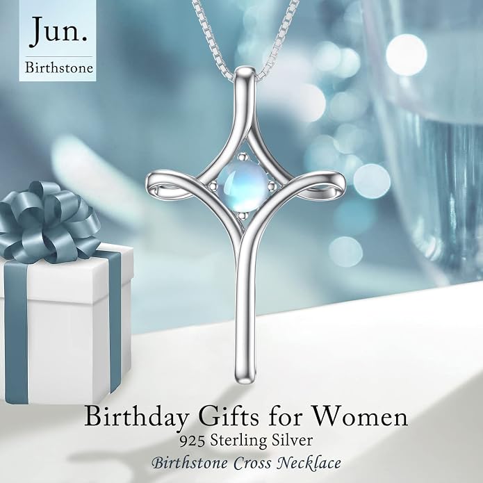 TOUPOP Cross Necklace for Women 925 Sterling Silver Birthstone Cross Pendant Fine Jewelry Anniversary Birthday Mothers Day Gifts for Mom Wife Her
