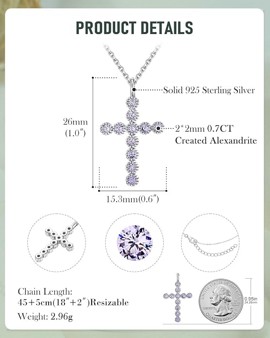 925 Sterling Silver 18 inch Birthstone Cross Pendant Necklace for Women Men