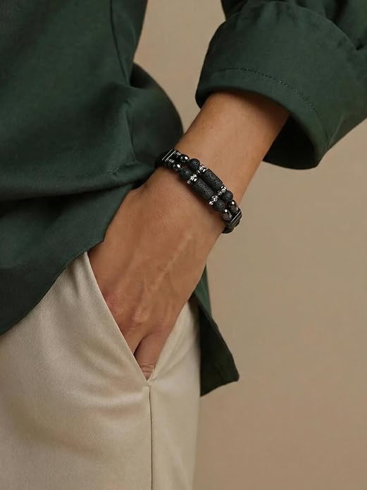 Mens Leather Turquoise/Tiger Eye/Obsidian/Lava Stone Bracelet–Braided Multi‑Layer Wristband Cuff Bangle Barcelet–Jewelry Box and Pouch Packing
