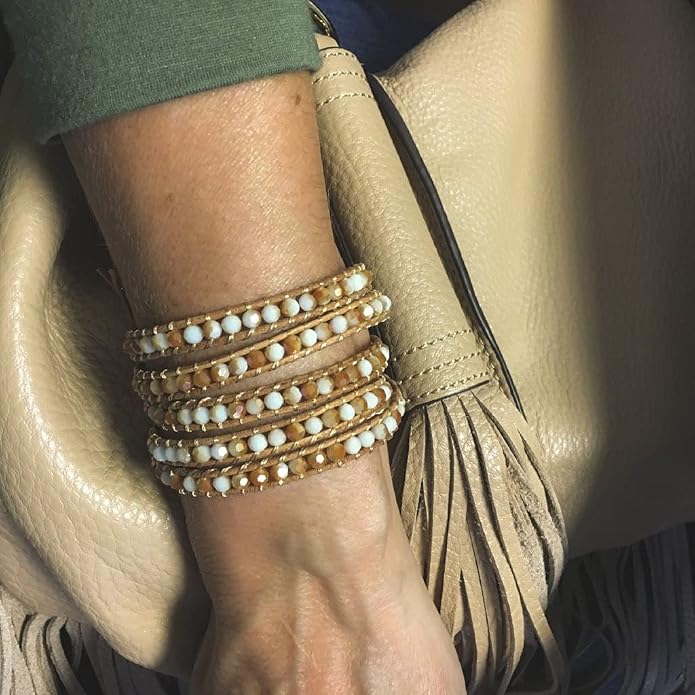 KELITCH Pearl Crystal Beads Bracelets Handmade Natural Leather 5 Wrap Bracelet for Women Classic Bangle Jewelry