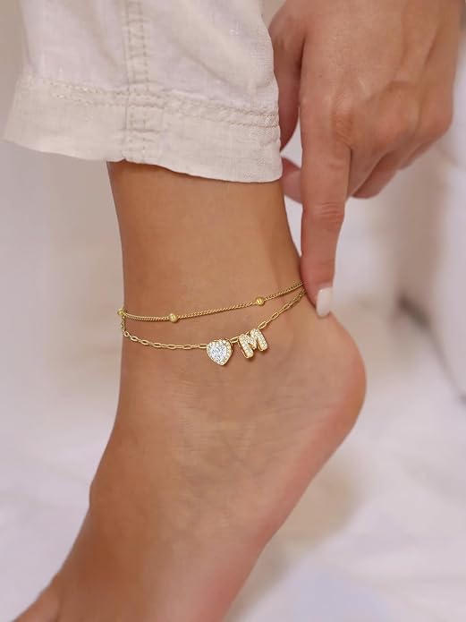 FindChic Silver/14K Gold Plated Layered CZ Initial Ankle Bracelet for Women | Waterproof Stainless Steel, Cubic Zirconia Letter Charm, Non-Tarnish, Hypoallergenic, Adjustable Extender, Summer Jewelry