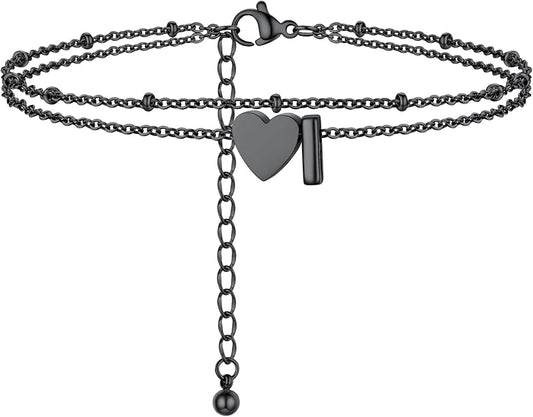 Initial Ankle Bracelets for Women, Dainty Stainless Steel Letter A-Z Layered Anklets, Heart Ankle Bracelet 8.5"-10.5" Adjustable, Summer Beach Jewelry, Come with Box