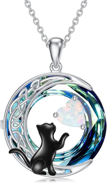 TOUPOP Cat Gifts for Cats Lovers 925 Sterling Silver Black Cat Necklace Celtic Moon Birthstone Jewelry for Women Anniversary Birthday Gift for Her Wife Mom
