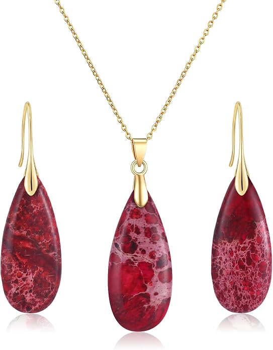 Kingdder Natural Stone Jewelry Set for Women Imperial Healing Stone Necklace Colorful Teardrop Dangle Earings Boho Jewelry
