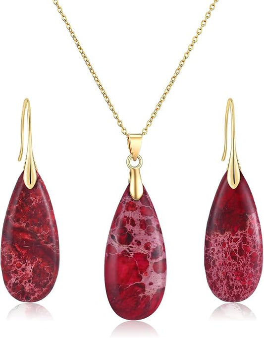 Kingdder Natural Stone Jewelry Set for Women Imperial Healing Stone Necklace Colorful Teardrop Dangle Earings Boho Jewelry