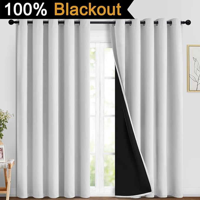 Yakamok Greyish White 100% Blackout Curtains 84 Inches Long, 2 Thick Layers | Blackout Curtains for Bedroom/Living Romm Full Light Blocking Soft Thermal Insulated Drapes for Bedroom 70" Wide Each Panel