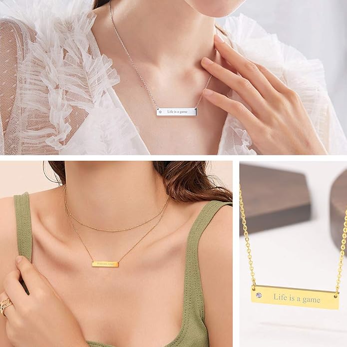 Custom4U Personalized Birthstone Bar Necklaces for Women, Custom Handmade Silver/Black/Gold Vertical Bar Pendants with 1-3 Names Engraved,Unique Memorial Necklace for Her