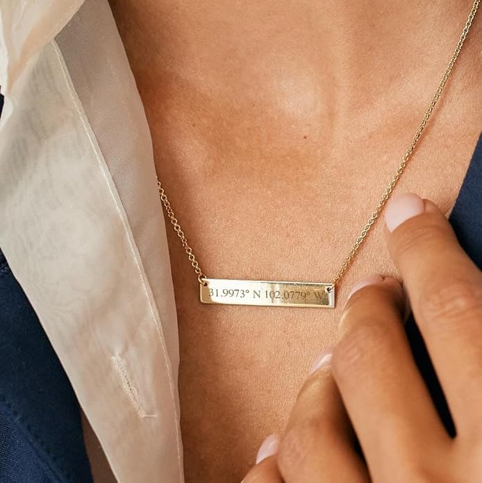 EVE'S ADDICTION Custom Engraved Gold Tone Coordinate Name Bar Necklace - Personalized Longitude Latitude Necklace for Her - Couples Jewelry - Jewelry for Wedding Party - Gifts for Mom