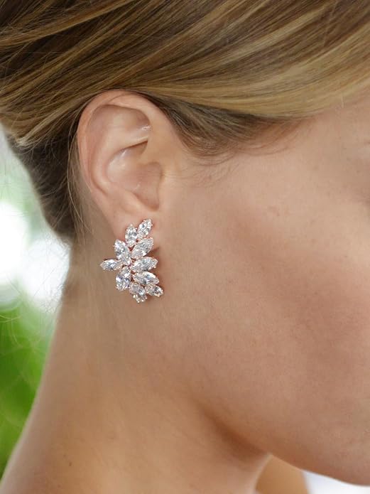 Mariell Clip-On Cubic Zirconia Crystal Bridal Earrings, Marquise Shape CZ Curved Clusters, Women Earrings for Wedding, Bridesmaids, Homecoming, Mother of the Bride