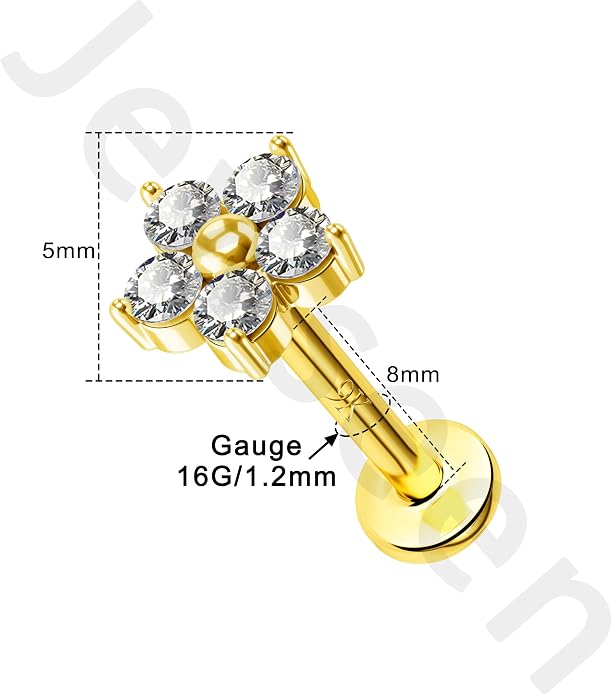 Jewseen 9K Real Solid Gold Flat Back Stud Earring 16G 8mm Internally Threaded Fine Piercing Jewelry for Helix Tragus Lobe Lip