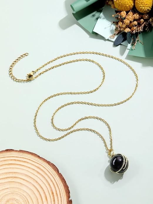 Jovivi Healing Crystal Stone Pendant Necklace Gold Wire Wrapped 16mm Natural Round Gemstone Ball Crystal Necklace for Women Men Reiki Quartz Jewelry
