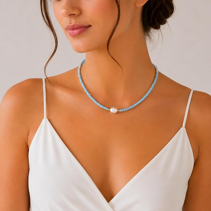 InfinityGemsArt Gemstone Gold Necklace For Women, Birthstone Natural Crystal Stone With Freshwater Pearl Beaded Jewelry, Gold Plated 18 Inch Chain
