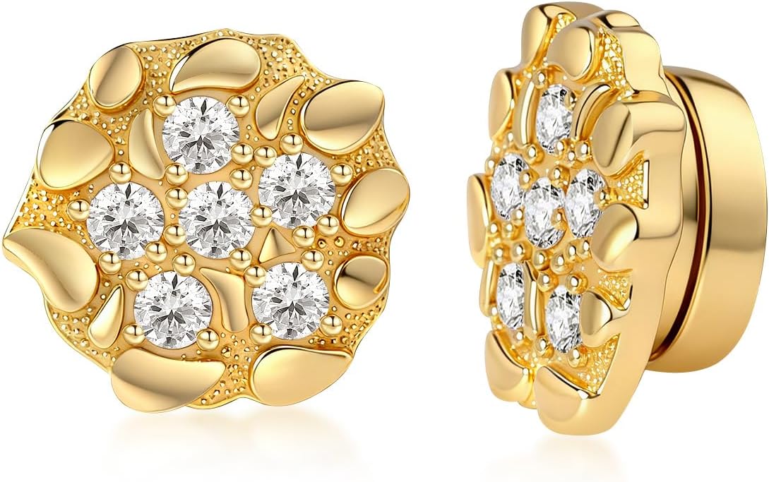 18K Gold Plated Moissanite Nugget Earrings for Men, 13.5MM Big Magnetic Stud Earring for Non-piercing Ear Sterling Silver Fake Clip On Diamond Earrings Hip Hop D VVS1 Certified 0.6CT