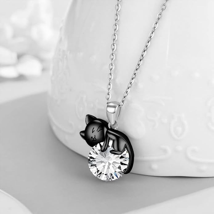 Cat Necklace Sterling Silver Cat Zircon Pendant Gothic Jewelry for Women Animal Lovers Gifts
