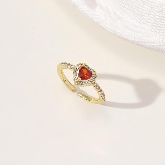 Gold Birthstone Rings for Women Non Tarnish 14k Gold Plated Dainty Heart Rings Adjustable Size Cubic Zirconia Ring Gold Simulated Gemstone Rings Birthday Gifts for Women