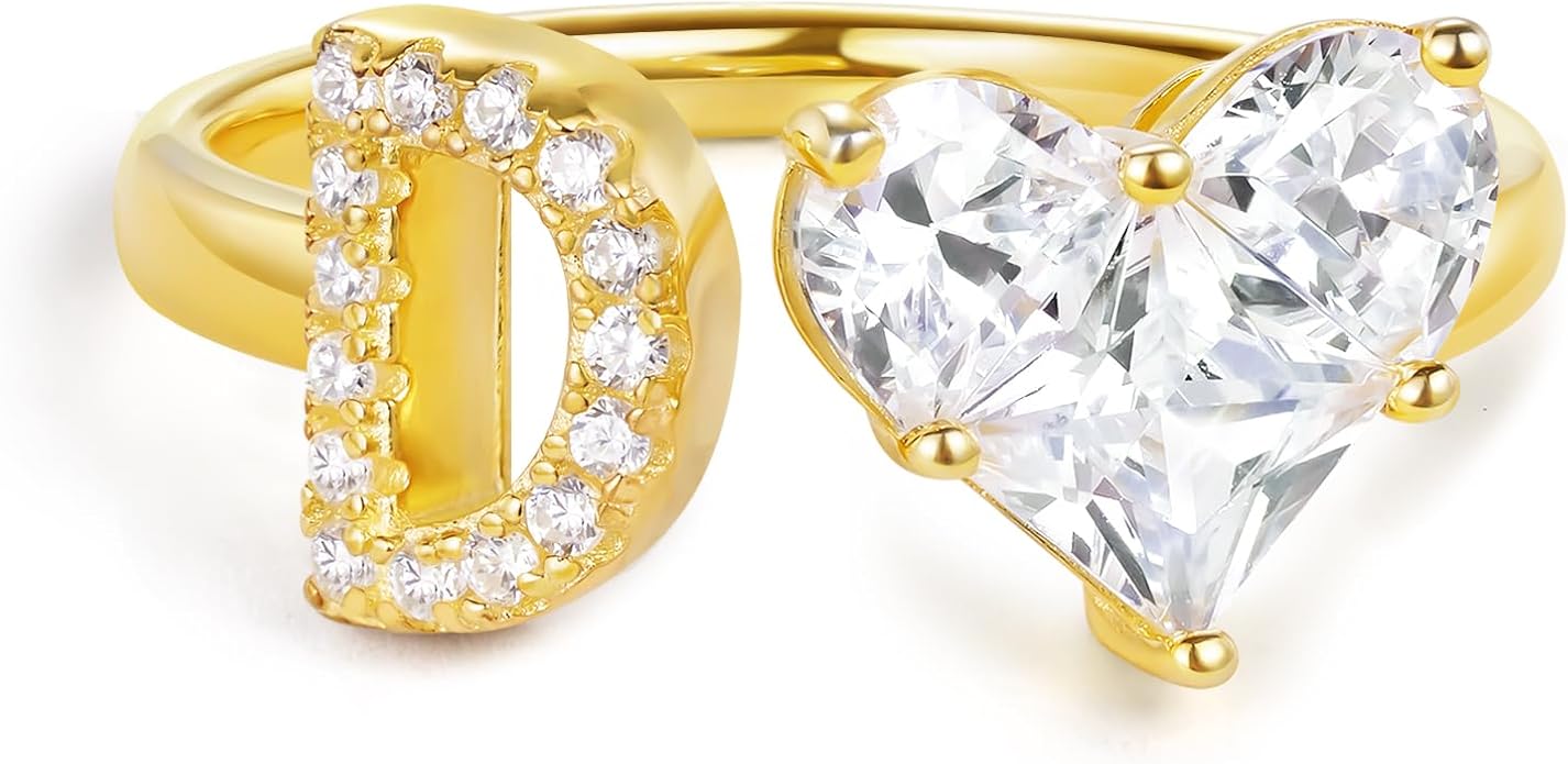 KissYan Sterling Silver Initial Heart Ring for Women, S925 Letter Rings 14K Gold Plated Open Adjustable Dainty Pave CZ Personalized Fashion Trendy Gifts for Mother's Day