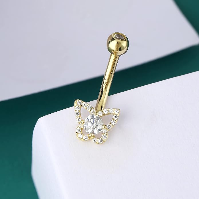 COCHARM 14K Real Gold Butterfly Belly Button Rings Solid Gold Belly Rings for Women 14K Belly Piercing Jewelry 14 14ktNavel Rings Navel Bar
