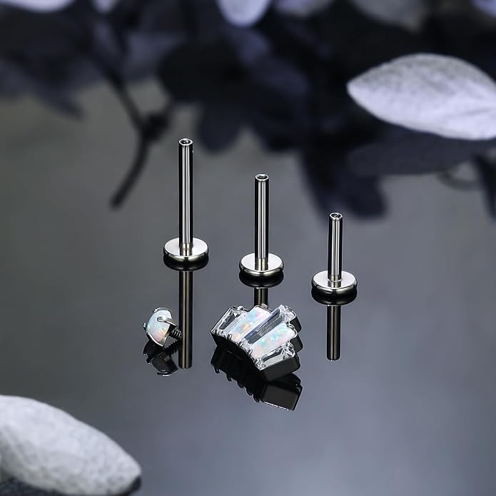 Ruifan Titanium Flat Back Lip Rings Internally Threaded Earrings Studs Nose Rings 16G Opal CZ Tragus Cartilage Lobe Rook Helix Conch Labret Medusa Piercing Jewelry for Women Men W Piercing Taper Set