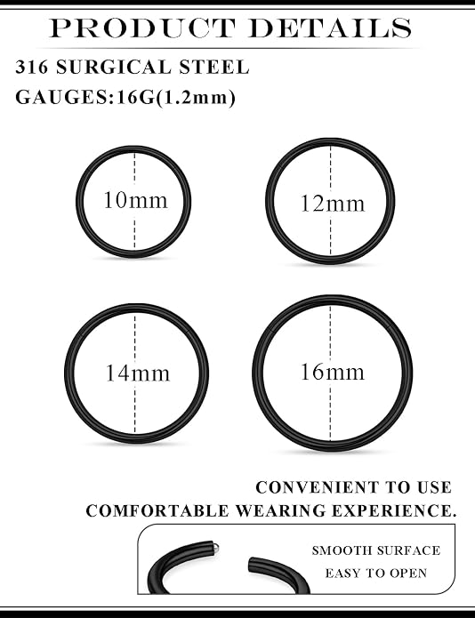 20G 18G 16G 14G 12G 10G 8G 6G Nose Rings Hoops 316l Surgical Steel Clicker Septum Lip Ring Tragus Helix Daith Rook Conch Snug Cartilage Lobe Earrings Hoop Piercing Jewelry For Women Men