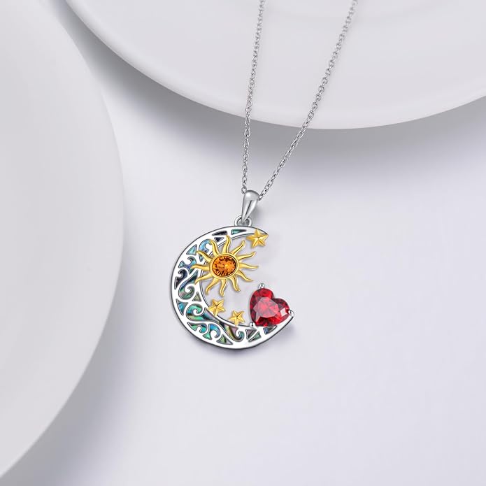 AOBOCO 925 Sterling Silver Sun and Moon Star Pendant Necklace with Simulated Birthstone, Birthday Christmas Jewelry Gift for Women Teen Girls
