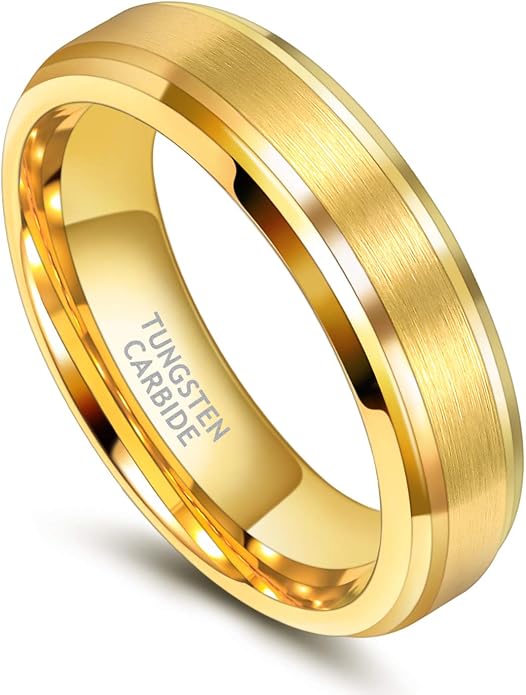 TRUMIUM 6mm 8mm Mens Womens 24K Gold Plated Tungsten Wedding Ring Band Brush Finish Scratch Resistant Size 5-14