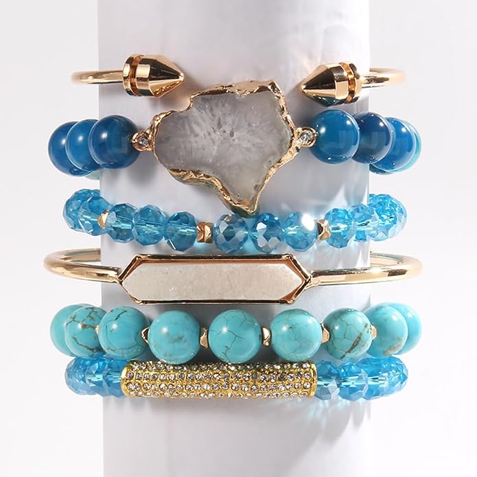 Yomisa 5PCS 6PCS Natural Boho Beaded Bracelets/Bangle for Women Men,Healing Turquoise Jasper Agate Crystal Gemstone Stone Chakra Multilayer Wrap Bohemian Handmade Jewelry Beads Stretch Bracelet Set