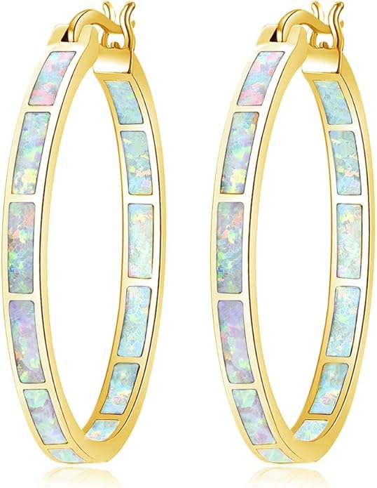 CiNily Opal Hoop Earrings,Women Jewelry Rhodium Plated/Rose Gold or Yellow Gold Plated Gemstone Big Hoop Earrings 32mm