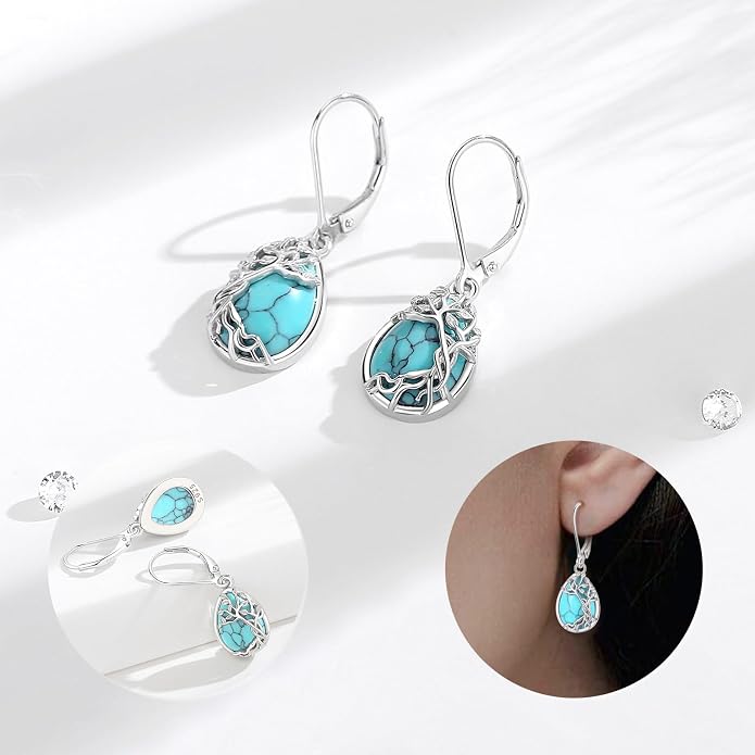 Vito 925 Sterling Silver Teardrop Earrings for Women, Moonstone Turquoise Drop Dangle Earrings Cat Snake Turtle Tree of Life Leverback Earrings Boho Jewelry Gift for Mom Wife
