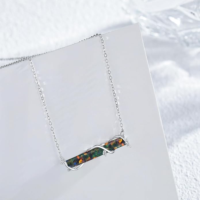 Bar Opal Leaf Necklace For Women S925 Sterling Silver White Opal Pendant with Leaf Charm Bar Pendant Jewelry Gift For Mom Daughter Wife