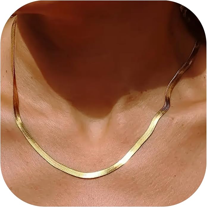 Gold Herringbone Necklace For Women - Rope Chork,Flat Snake Chain Necklaces in 18K Gold & White Gold Plated Tone - Simple Daily Jewelry-Tarnish Free-16-18in