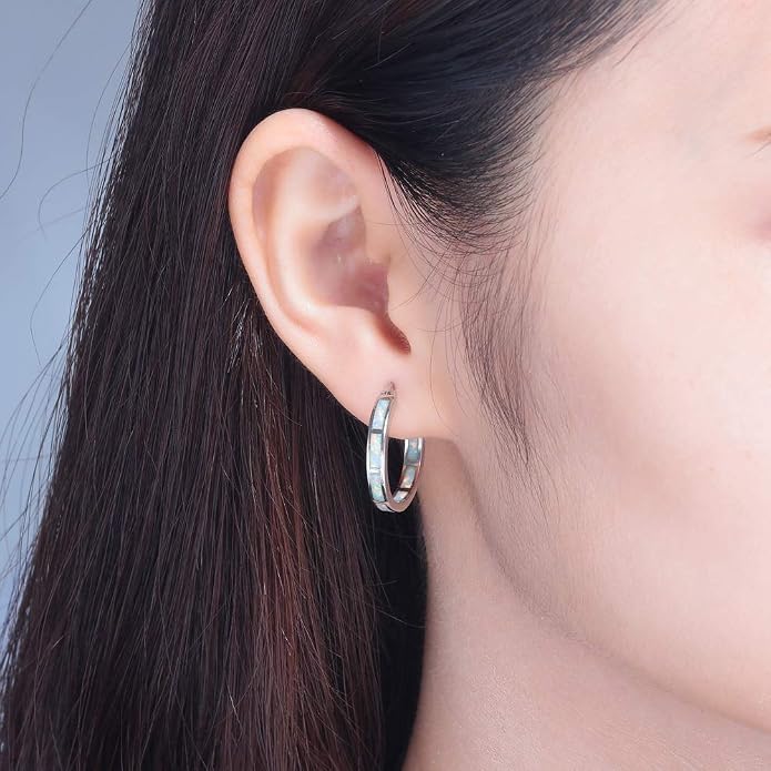 CiNily Sterling Silver/Rose Gold/Yellow Gold Plated Hoop Earrings 20mm,Multicolor Opal Small Hoop Earrings for Women Girls Hypoallergenic Jewelry for Sensitive Ears Gemstone Earrings