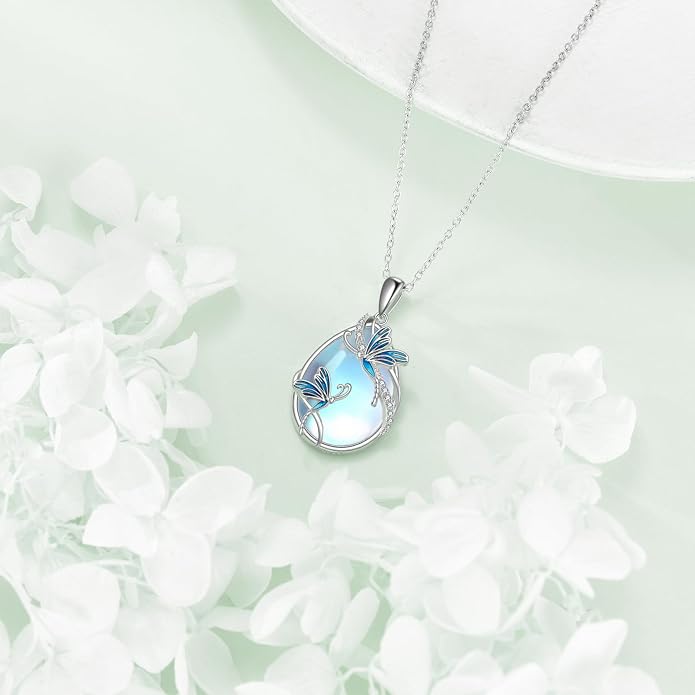 KQF Dragonfly/Butterlfy/Cat/Jellyfish/Bunny/Axolotl/Bee/Mermaid/Hummingbird/Elephant Necklace for Women Sterling Silver Moonstone Pendant Necklace Dragonfly Jewelry Gifts for Women
