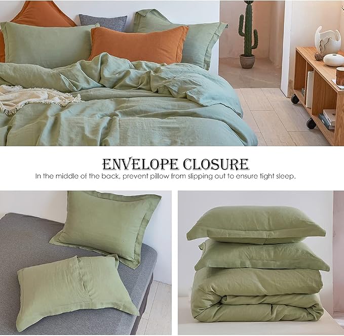 Simple&Opulence 100% Linen Duvet Cover Set 3pcs Basic Style Natural French Washed Flax Solid Color Soft Breathable Farmhouse Bedding with Button Closure - Sage Green, Queen