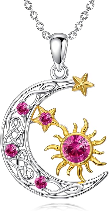 PELOVNY Sun and Moon Necklace for Women 925 Sterling Silver Sun Moon Star Birthstone Pendant Necklaces Birthday Christmas Jewelry Gifts for Mom Daughter Wife Sister