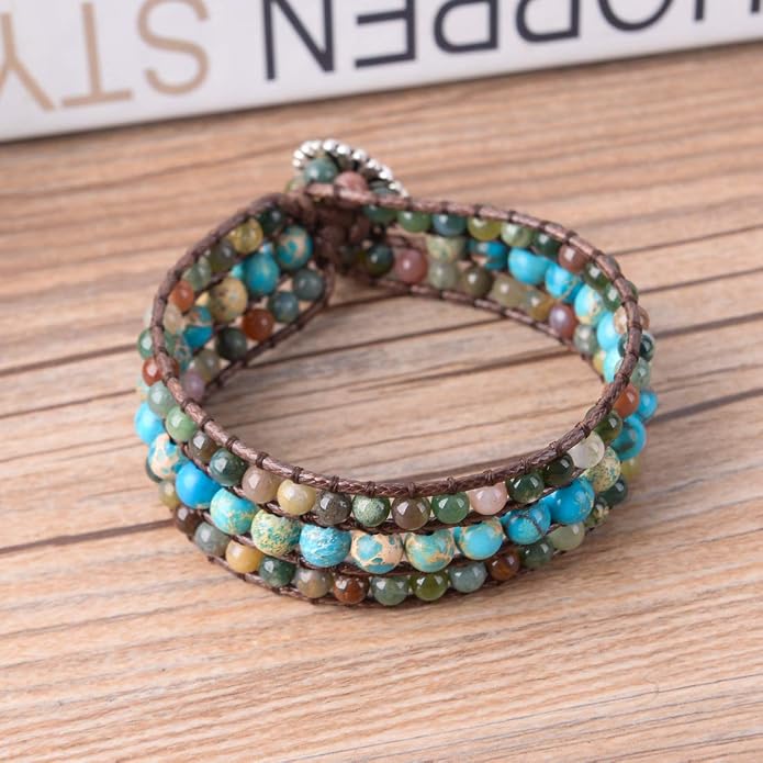 YGLINE Boho Handmade Natural Stone Bead 3 Row Wide Wrap Wrist Statment Bracelet Jewelry Collection