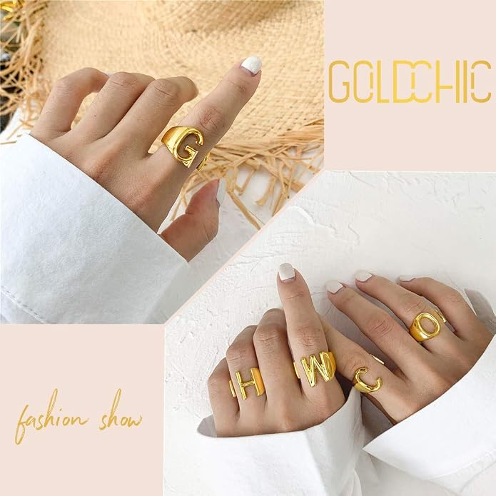 KeyStyle Bold Initial Letter Rings Adjustable, GoldChic Jewelry Women Gold Statement Ring Personalized Engraved Women’s Open Signet Ring for Party (Gold, White Gold, Black)