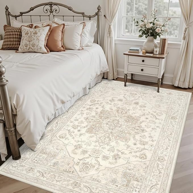 3x5 Area Rugs for Living Room: Vintage Boho Neutral Washable Rug Indoor Soft Large Area Rug Carpet for Bedroom Nursery Farmhouse Dining Room Office Floor Non-Slip Low Pile Under Table Rug Beige White