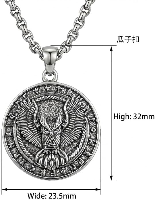 CRMAD Viking Owl/Raven Necklace Vintage Animal Totem Pendant Rune of Lune Jewelry Gift for Men and Women 24 in Chain