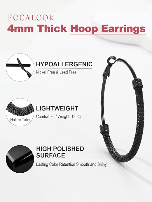 FOCALOOK 14K Gold Plated Hoop Earrings, Lightweight Hypoallergenic Large Stainless Steel Black Hoops Earrings for Women 20/30/40/50/60/70/80mm