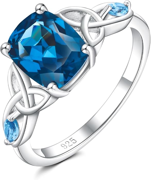 925 Sterling Silver Birthstone Rings for Women Cushion Cut Engagement Celtic Knot Ring Irish Jewelry Created Gemstone Anniversary Rings Size 6-10(with Box)