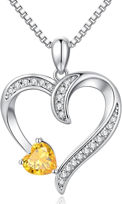 Love Heart Necklace for Women, 925 Sterling Silver Cubic Zirconia Birthstone Heart Pendant Jewelry Gift for Mom, Mother, Wife, Girlfriend on Birthday, Mother's Day, Chain 18 inch