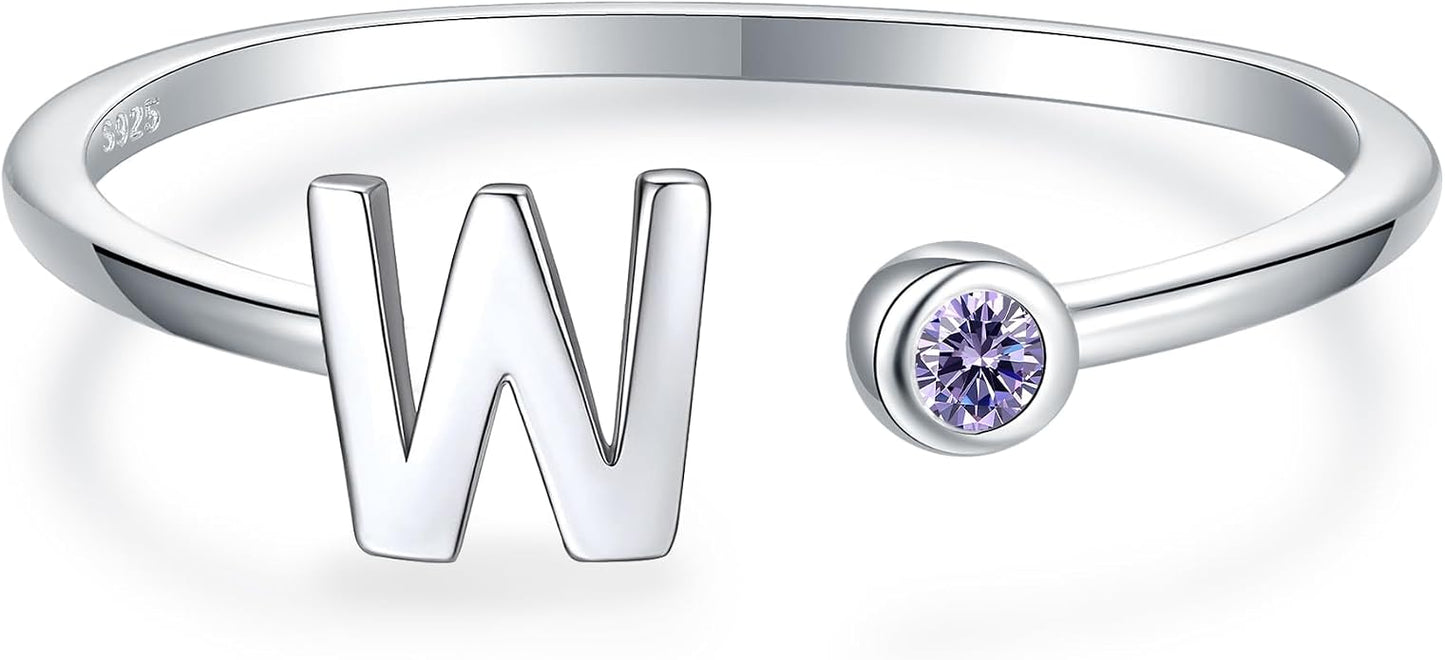 925 Sterling Silver Initial Letter Birthstone Rings for Women Adjustable 1-12 Month Birthstone Alphabet Stacking Ring for Teens Girls Stackable Birthstone Rings Birthday Jewelry Gift for Daughter Mom