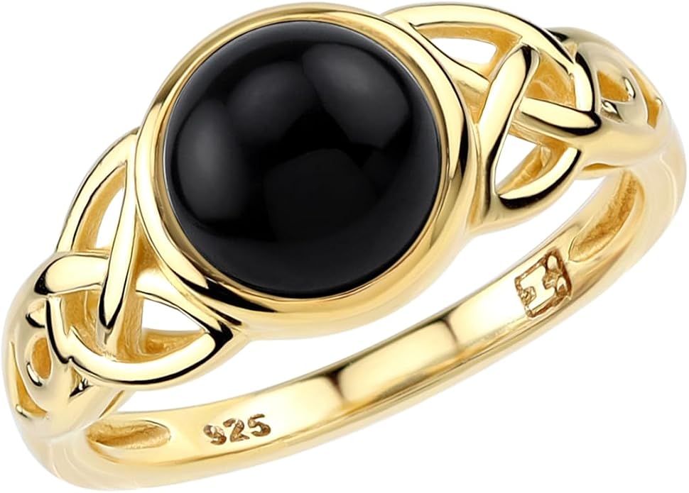 Silvershake 8MM Round Shape Gemstone Antique Finishing or Yellow Gold Plated 925 Sterling Silver Triquetra Celtic Knot Solitaire Ring Jewelry for Women