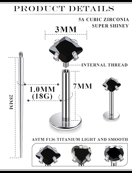 20G 18G 16G Astm F136 Titanium Internal Thread Flat Back Earrings Nose Studs Tragus Helix Conch Cartilage Lobe Earrings Medusa Labret Snake Bite Monroe Lip Ring Piercing Jewelry For Women Men