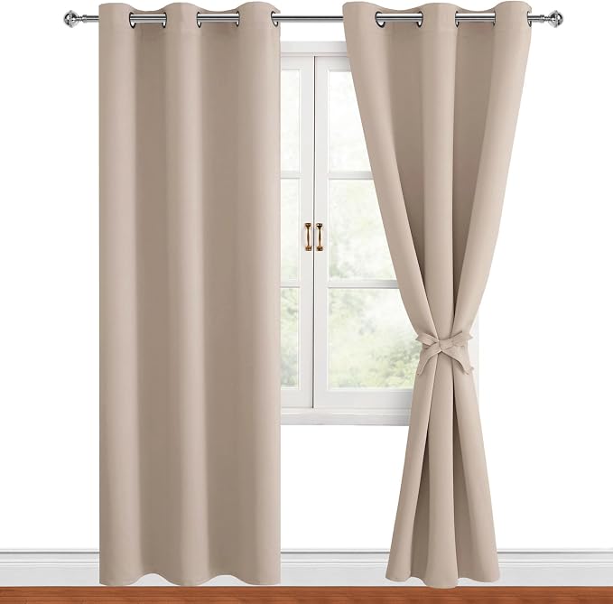 Hiasan Blackout Curtains for Bedroom, 42 x 84 Inches Long - Thermal Insulated & Light Blocking Window Curtains for Living Room/Kids Room, 2 Drape Panels Sewn with Tiebacks, Camel