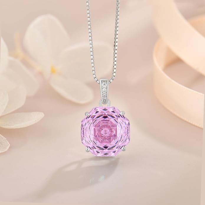 YIFISIY Rose Necklaces for Women, 925 Sterling Silver Rose cut Birthstone Pendant Octagonal Flower Jewelry Gifts for Her
