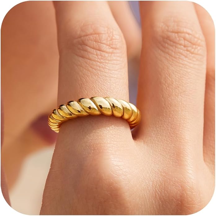 Non Tarnish Gold Chunky Rings for Women, 14K Gold Plated Statement Dome Rings Stacking Silver, Adjustable Mens Eternity Wedding Band Mixed Metal Jewelry Size 3-13