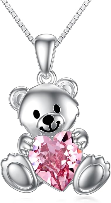 PELOVNY Teddy Bear Necklace for Women 925 Sterling Silver Bear/Highland Cow/Fox/Cat/Axolotl Birthstone Necklace Christmas Birthday Jewelry Gifts for Mom Daughter Wife Sister