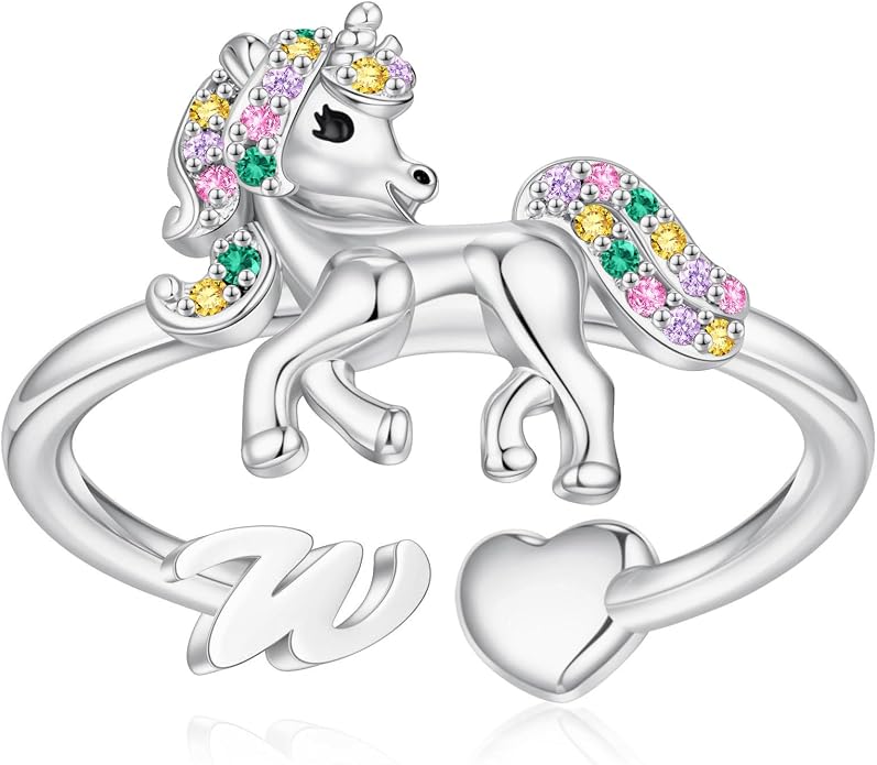 Unicorn Initial Rings for Teen Girls, Rose Gold/White Gold Plated Heart Initial Rings for Girls Adjustable Stackable Rings for Women Diny Heart Ring for Teen Girls Gifts Unicorns Gifts for Girls